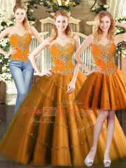 Nice Orange Red Ball Gowns Sweetheart Sleeveless Tulle Floor Length Lace Up Beading Quinceanera Gowns