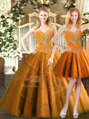 Nice Orange Red Ball Gowns Sweetheart Sleeveless Tulle Floor Length Lace Up Beading Quinceanera Gowns