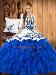 Most Popular Sweetheart Sleeveless Quinceanera Gown Floor Length Ruffles Blue Satin and Organza