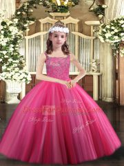 Custom Design Floor Length Lace Up Glitz Pageant Dress Hot Pink for Party and Sweet 16 and Quinceanera and Wedding Party with Beading