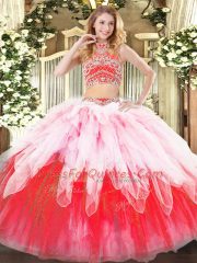 Super Multi-color High-neck Backless Beading and Ruffles Quinceanera Gown Sleeveless
