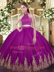 Floor Length Fuchsia Quinceanera Dresses Halter Top Sleeveless Backless