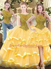 Super Floor Length Zipper Quinceanera Dresses Gold for Military Ball and Sweet 16 and Quinceanera with Beading and Ruffled Layers