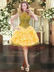 Super Floor Length Zipper Quinceanera Dresses Gold for Military Ball and Sweet 16 and Quinceanera with Beading and Ruffled Layers