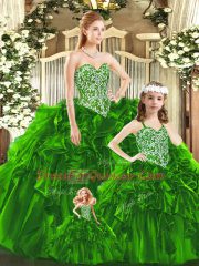 Custom Design Green Ball Gowns Sweetheart Sleeveless Organza Floor Length Lace Up Beading and Ruffles Quinceanera Dresses