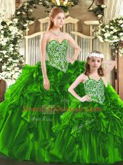 Custom Design Green Ball Gowns Sweetheart Sleeveless Organza Floor Length Lace Up Beading and Ruffles Quinceanera Dresses