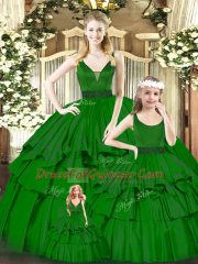 Perfect Beading and Ruffled Layers Quinceanera Gown Green Zipper Sleeveless Floor Length
