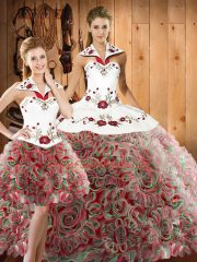 Trendy Multi-color Three Pieces Fabric With Rolling Flowers Halter Top Sleeveless Embroidery Lace Up Quinceanera Gowns Sweep Train