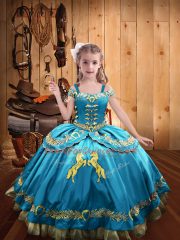 High End Floor Length Baby Blue Little Girls Pageant Dress Wholesale Satin Sleeveless Beading and Embroidery
