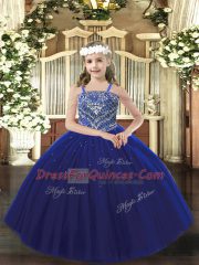 Royal Blue Ball Gowns Beading Kids Formal Wear Lace Up Tulle Sleeveless Floor Length