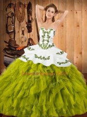 Fantastic Sleeveless Floor Length Embroidery and Ruffles Lace Up Ball Gown Prom Dress with Olive Green