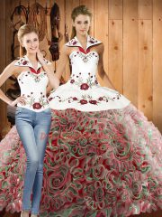 Fashion Multi-color Lace Up Ball Gown Prom Dress Embroidery Sleeveless Sweep Train