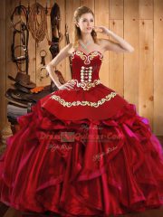 Sleeveless Floor Length Embroidery and Ruffles Lace Up Sweet 16 Dresses with Wine Red