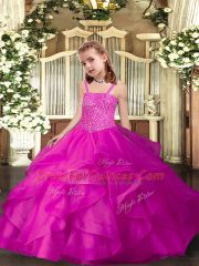 Glorious Floor Length Fuchsia Girls Pageant Dresses Organza Sleeveless Ruffles