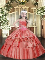 Perfect Coral Red Little Girls Pageant Dress Party and Quinceanera with Beading and Ruffled Layers Straps Sleeveless Lace Up