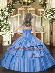 Perfect Coral Red Little Girls Pageant Dress Party and Quinceanera with Beading and Ruffled Layers Straps Sleeveless Lace Up