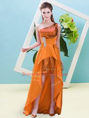 One Shoulder Sleeveless Evening Dress High Low Beading and Sequins Orange Elastic Woven Satin and Sequined