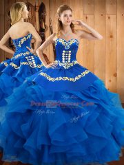 Superior Blue Satin and Organza Lace Up 15 Quinceanera Dress Sleeveless Floor Length Embroidery and Ruffles
