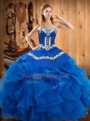 Superior Blue Satin and Organza Lace Up 15 Quinceanera Dress Sleeveless Floor Length Embroidery and Ruffles