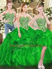 Best Selling Green Sweetheart Lace Up Beading and Ruffles Quinceanera Dress Sleeveless