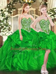 Best Selling Green Sweetheart Lace Up Beading and Ruffles Quinceanera Dress Sleeveless