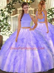 Admirable Sleeveless Organza Floor Length Backless Sweet 16 Dresses in Lavender with Beading and Ruffles
