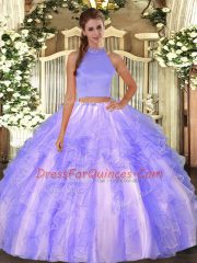 Admirable Sleeveless Organza Floor Length Backless Sweet 16 Dresses in Lavender with Beading and Ruffles