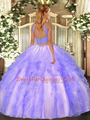 Admirable Sleeveless Organza Floor Length Backless Sweet 16 Dresses in Lavender with Beading and Ruffles