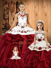 Romantic Wine Red Sleeveless Satin and Organza Lace Up Quinceanera Gown for Military Ball and Sweet 16 and Quinceanera