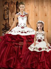 Romantic Wine Red Sleeveless Satin and Organza Lace Up Quinceanera Gown for Military Ball and Sweet 16 and Quinceanera