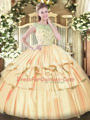 Discount Bateau Sleeveless 15 Quinceanera Dress Floor Length Beading and Ruffled Layers Orange Tulle