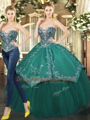Super Tulle Sweetheart Sleeveless Lace Up Beading and Appliques 15th Birthday Dress in Dark Green