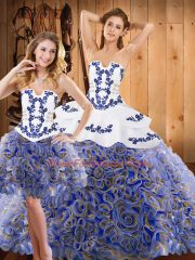 Dazzling Multi-color Sleeveless Satin and Fabric With Rolling Flowers Sweep Train Lace Up Quinceanera Gown for Military Ball and Sweet 16 and Quinceanera