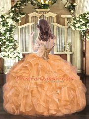 Best Orange Organza Lace Up Pageant Dress for Womens Sleeveless Floor Length Beading and Ruffles