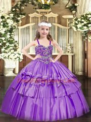Most Popular Lavender Sleeveless Organza Lace Up Little Girls Pageant Gowns for Party and Quinceanera