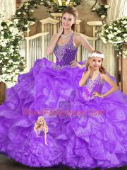 Unique Floor Length Eggplant Purple Quinceanera Gown Straps Sleeveless Lace Up