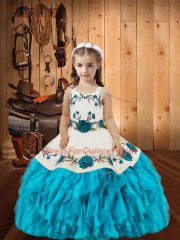 Floor Length Ball Gowns Sleeveless Baby Blue Kids Pageant Dress Lace Up