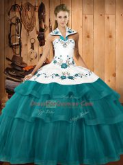 Decent Sleeveless Sweep Train Embroidery and Ruffled Layers Lace Up Quinceanera Dress