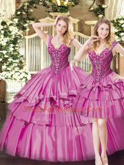 V-neck Sleeveless Lace Up 15th Birthday Dress Fuchsia Organza