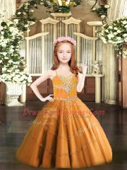 Beading Little Girls Pageant Gowns Orange Lace Up Sleeveless Floor Length