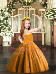 Beading Little Girls Pageant Gowns Orange Lace Up Sleeveless Floor Length