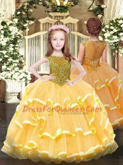 Floor Length Zipper Little Girls Pageant Dress Wholesale Orange for Party and Quinceanera with Beading and Ruffled Layers