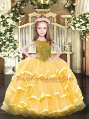 Floor Length Zipper Little Girls Pageant Dress Wholesale Orange for Party and Quinceanera with Beading and Ruffled Layers