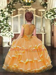 Floor Length Zipper Little Girls Pageant Dress Wholesale Orange for Party and Quinceanera with Beading and Ruffled Layers