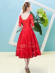 Elegant Tea Length Orange Red Damas Dress Lace Half Sleeves Bowknot