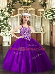 Elegant Purple Tulle Lace Up Kids Pageant Dress Sleeveless Floor Length Beading