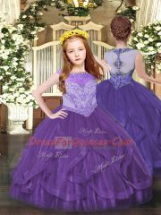 Purple Tulle Zipper Winning Pageant Gowns Sleeveless Floor Length Beading and Ruffles