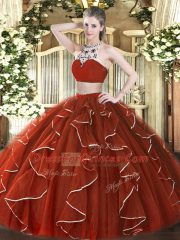 Fantastic Rust Red Sleeveless Beading and Ruffles Floor Length Quince Ball Gowns