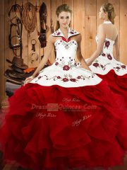 Glittering Wine Red Satin and Organza Lace Up Halter Top Sleeveless Floor Length Sweet 16 Quinceanera Dress Embroidery and Ruffles
