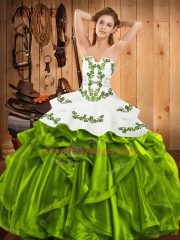 Beautiful Ball Gowns Satin and Organza Strapless Sleeveless Embroidery and Ruffles Floor Length Lace Up Quinceanera Dress